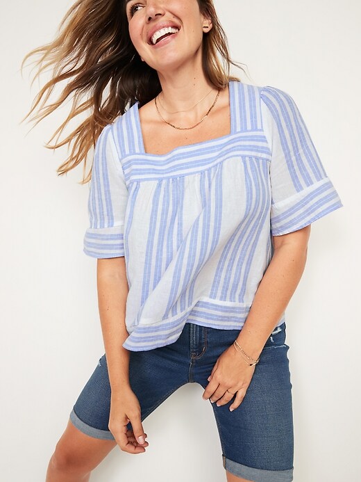 Image number 1 showing, Oversized Striped Linen-Blend Square-Neck Top for Women
