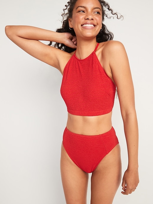 View large product image 1 of 1. High-Neck Textured Cropped Tankini Swim Top