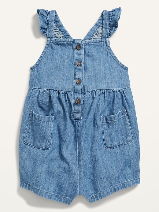 View large product image 1 of 2. Ruffle-Strap Button-Front Chambray Shortalls for Baby