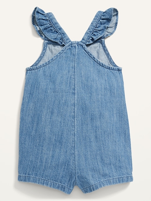 View large product image 2 of 2. Ruffle-Strap Button-Front Chambray Shortalls for Baby
