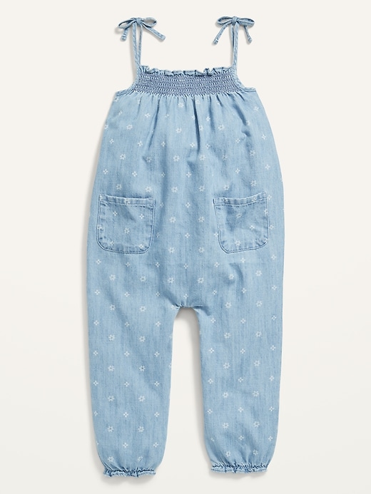 View large product image 1 of 2. Smocked Tie-Shoulder Chambray Jumpsuit for Toddler Girls