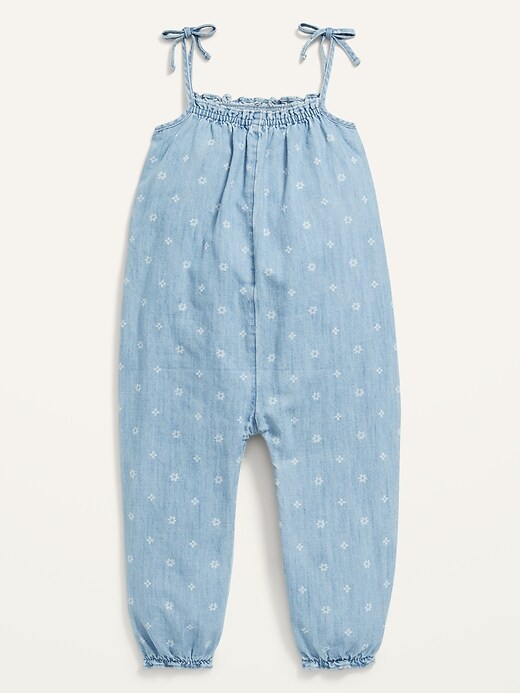 View large product image 2 of 2. Smocked Tie-Shoulder Chambray Jumpsuit for Toddler Girls