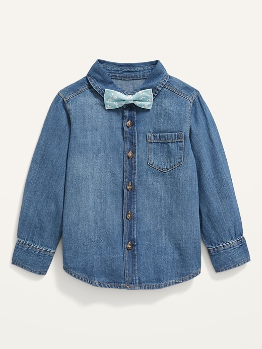 View large product image 1 of 2. Long-Sleeve Jean Shirt and Poplin Bow-Tie Set for Toddler Boys