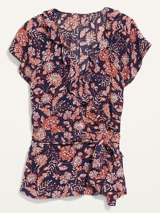 Image number 4 showing, Ruffled Tie-Belt Floral-Print Wrap Top for Women