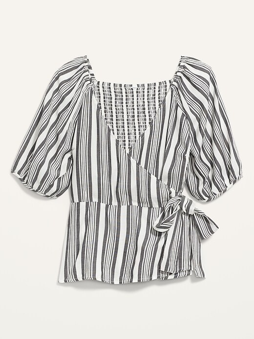 Image number 4 showing, Striped Puff-Sleeve Tie-Belt Wrap Top for Women