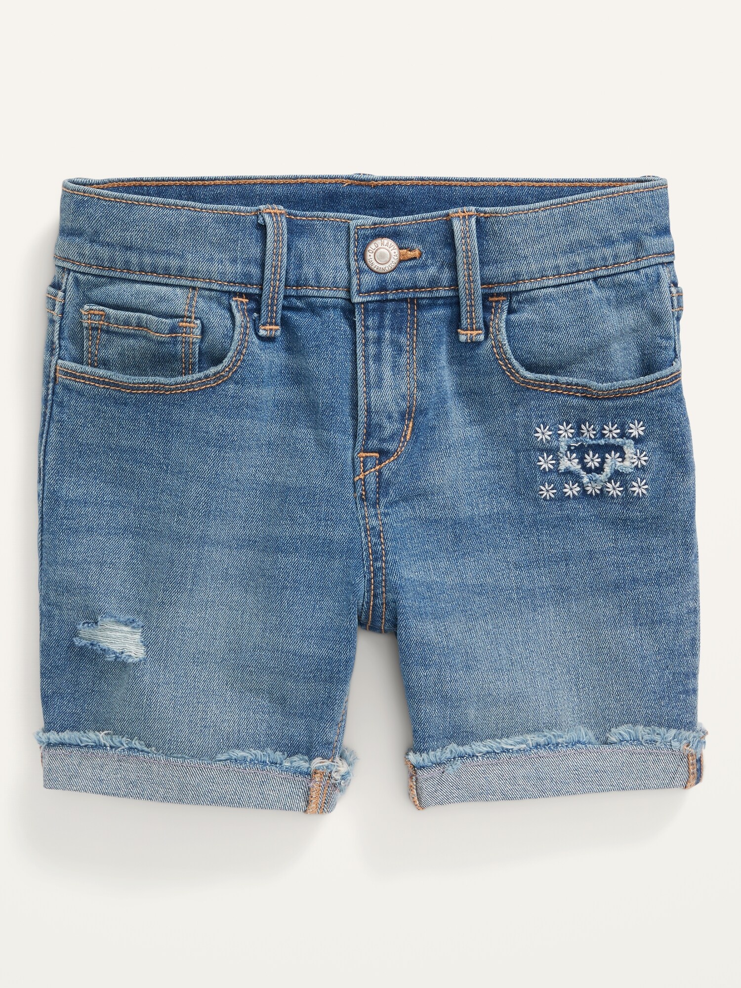 Distressed Roll-Cuff Midi Jean Shorts for Girls