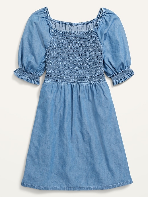 View large product image 1 of 2. Elbow-Sleeve Smocked Bodice Chambray Dress for Girls