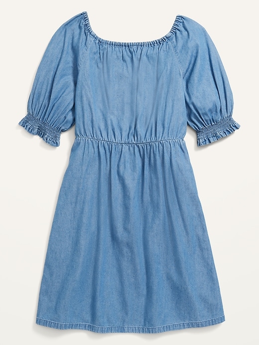 View large product image 2 of 2. Elbow-Sleeve Smocked Bodice Chambray Dress for Girls