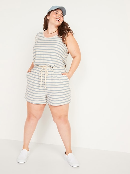 Image number 1 showing, Waist-Defined Sleeveless Striped Terry Plus-Size Beach Romper -- 4-inch inseam