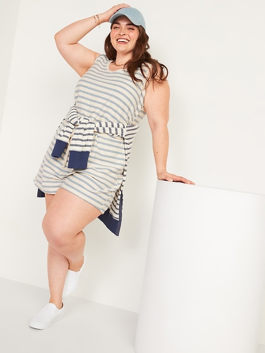 Image number 3 showing, Waist-Defined Sleeveless Striped Terry Plus-Size Beach Romper -- 4-inch inseam
