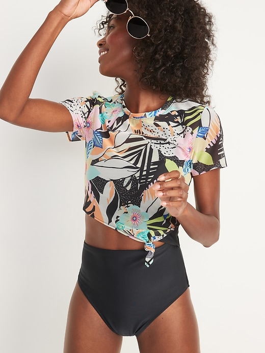 Image number 1 showing, Cropped Tie-Knot Power-Mesh Swim Top