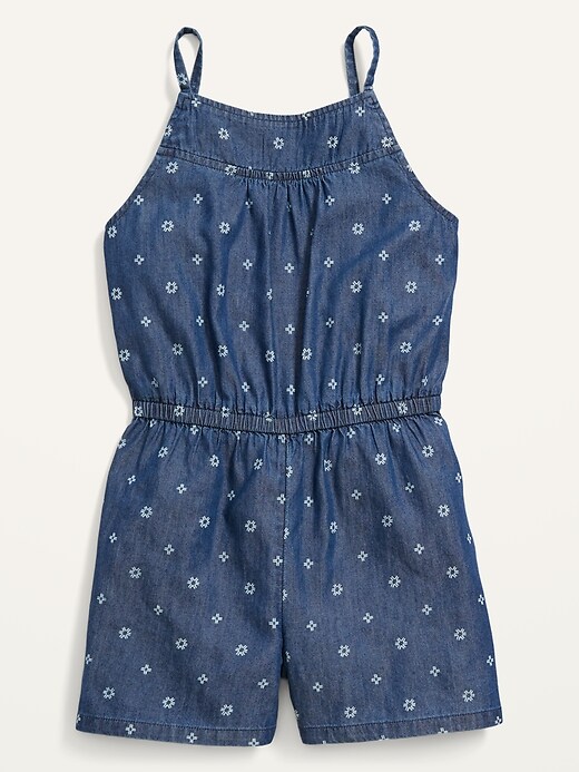 View large product image 1 of 2. Printed Sleeveless Chambray Romper for Girls