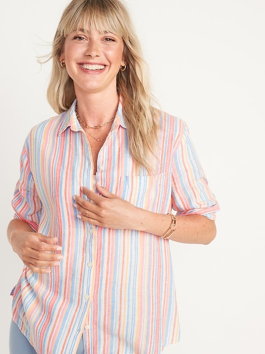 Old Navy Boyfriend Striped Linen-Blend Shirt for Women. 1