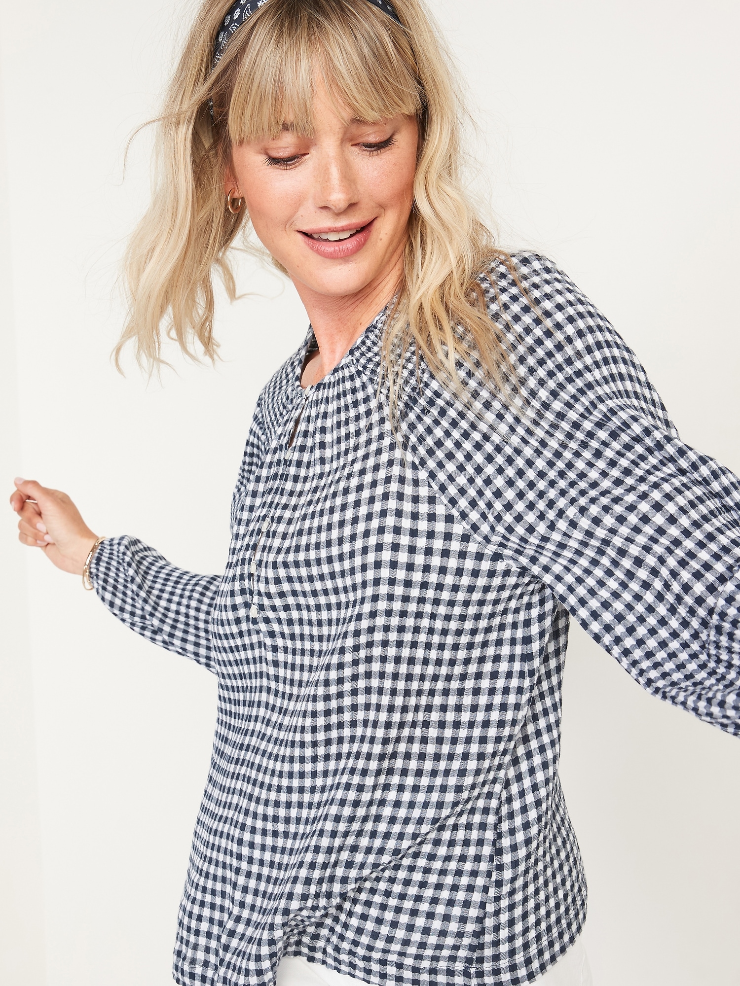 Gingham Smocked-Shoulder Poet Blouse | Old Navy