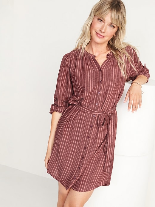 View large product image 1 of 2. Waist-Defined Textured Dobby-Stripe Tie-Belt Shirt Dress for Women