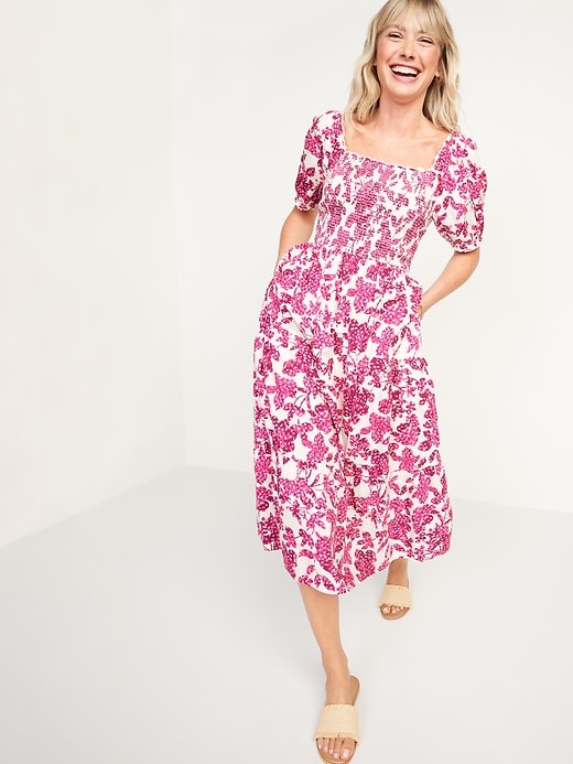 View large product image 1 of 2. Fit & Flare Puff-Sleeve Tiered Floral Midi Dress