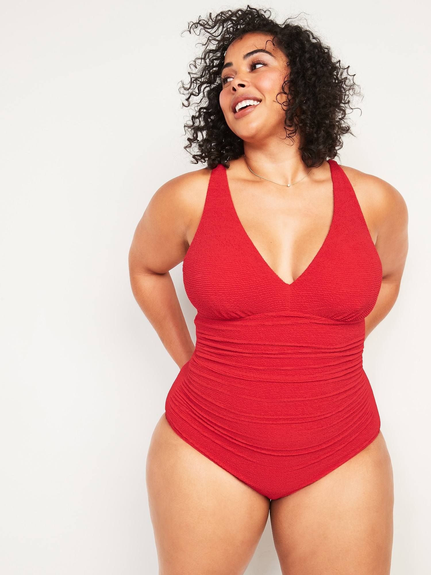 Deep V-Neck Underwire Secret Smooth Ruched Plus-Size One-Piece Swimsuit