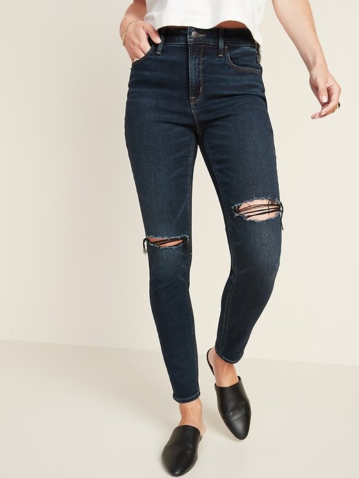 Image number 1 showing, High-Waisted Ripped Dark-Wash Rockstar Super Skinny Jeans for Women