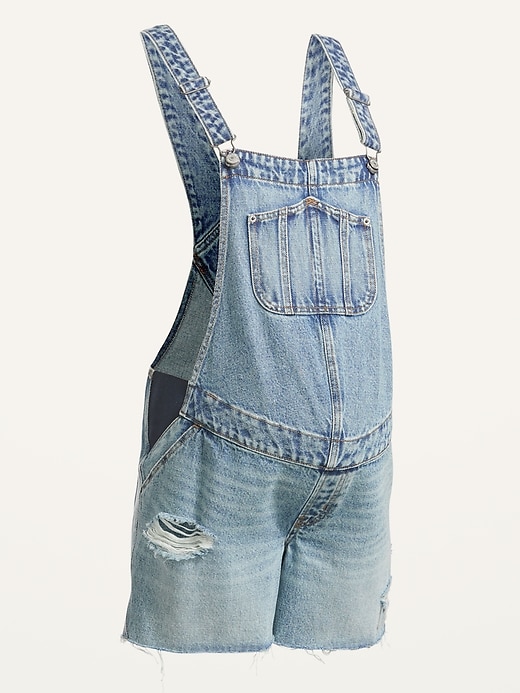 Image number 4 showing, Maternity Side-Panel Ripped Jean Cut-Off Short Overalls -- 5-inch inseam