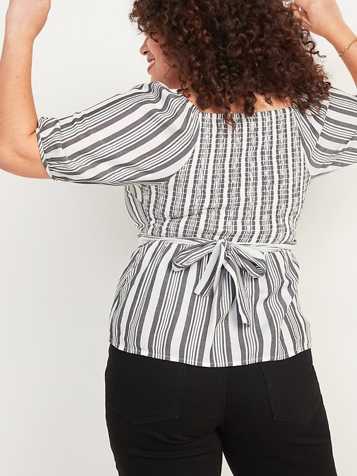 Image number 2 showing, Striped Puff-Sleeve Tie-Belt Wrap Top for Women