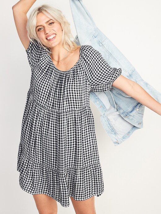 Image number 1 showing, Printed Puff-Sleeve Tiered Swing Dress