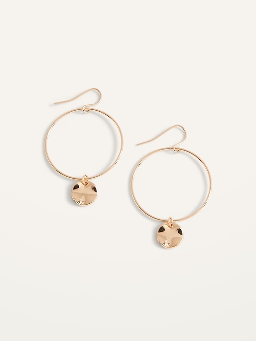 View large product image 1 of 2. Gold-Toned Hammered Disc Drop Hoop Earrings for Women