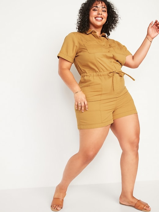 View large product image 1 of 1. Twill No-Peek Plus-Size Short-Sleeve Romper -- 3.5-inch inseam