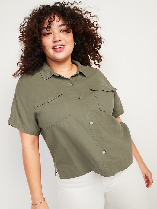 Image number 1 showing, Linen-Blend Utility-Pocket Short-Sleeve Shirt for Women