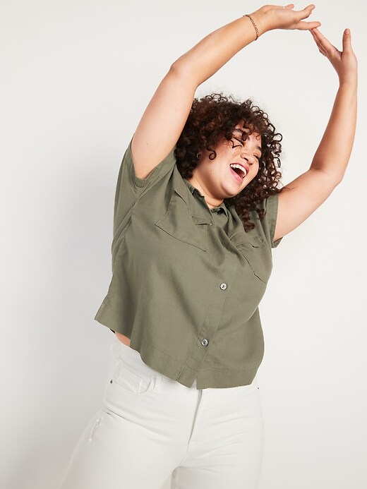 Image number 3 showing, Linen-Blend Utility-Pocket Short-Sleeve Shirt for Women