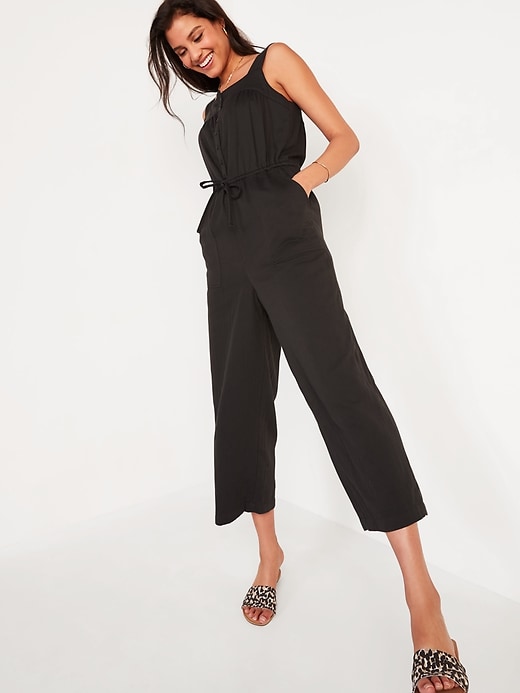 View large product image 1 of 2. Tie-Waist Twill Sleeveless Jumpsuit for Women