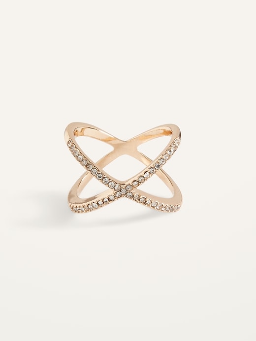 View large product image 1 of 1. Gold-Toned Crisscross Crystal-Studded Ring For Women