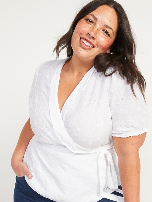 Image number 1 showing, Ruffled Tie-Belt Embroidered Plus-Size Wrap Top