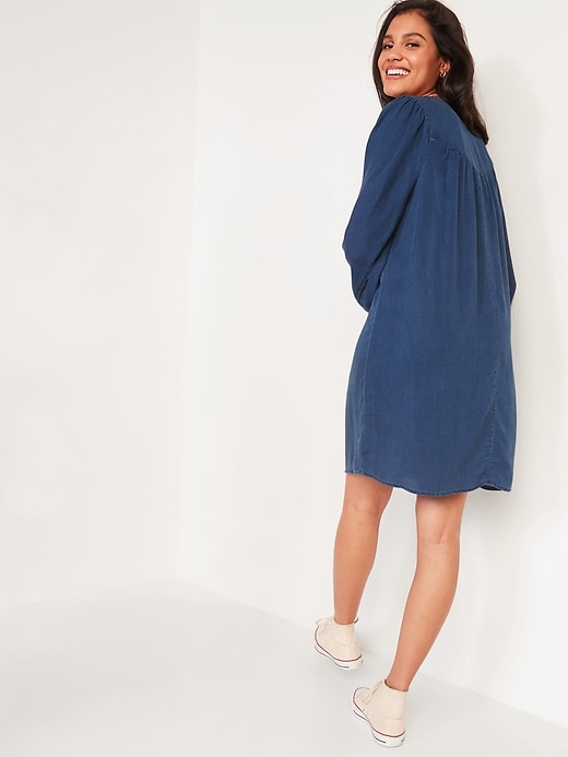 Image number 2 showing, Split-Neck Pintucked Chambray Swing Dress for Women