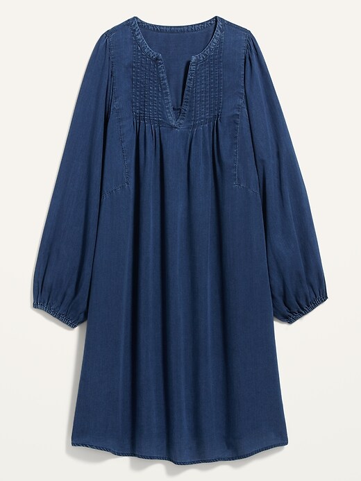 Image number 4 showing, Split-Neck Pintucked Chambray Swing Dress for Women