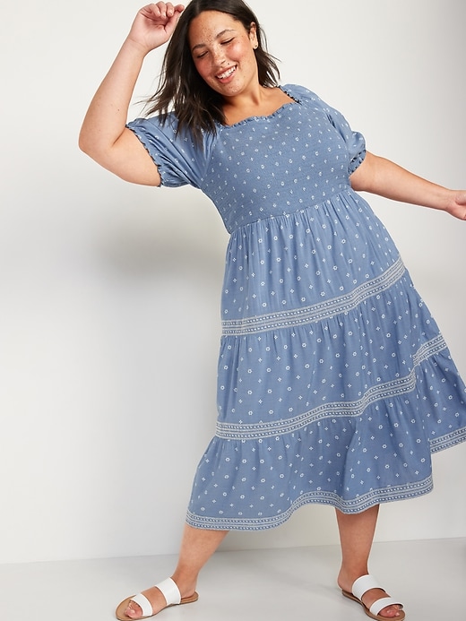 Image number 1 showing, Puff-Sleeved Smocked Fit & Flare Chambray Plus-Size Midi Sundress