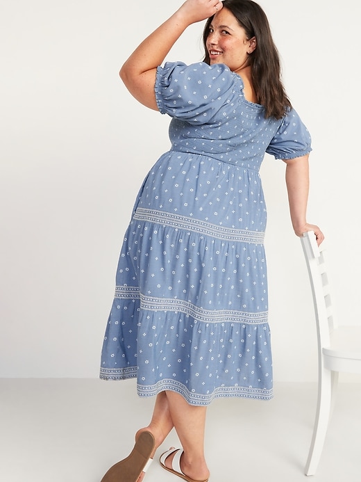 Image number 2 showing, Puff-Sleeved Smocked Fit & Flare Chambray Plus-Size Midi Sundress