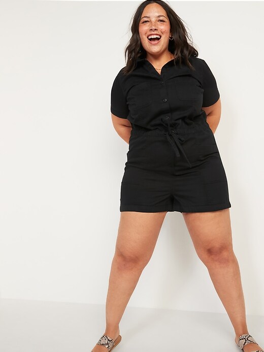 Image number 1 showing, Twill No-Peek Plus-Size Short-Sleeve Romper -- 3.5-inch inseam