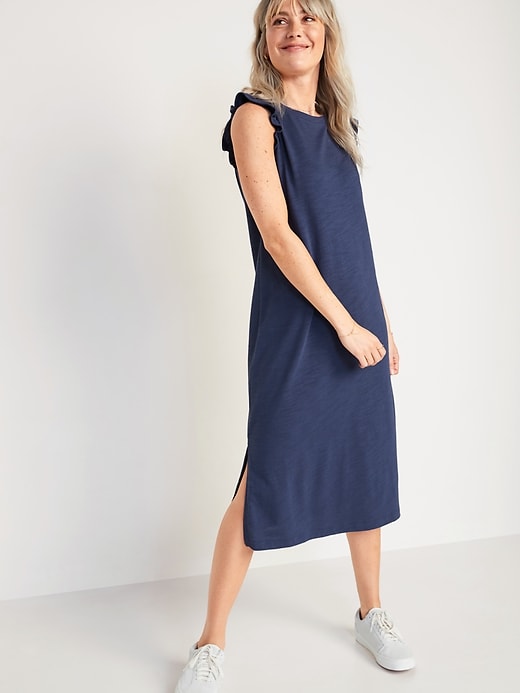 View large product image 1 of 2. Slub-Knit Flutter-Sleeve Midi Shift Dress for Women
