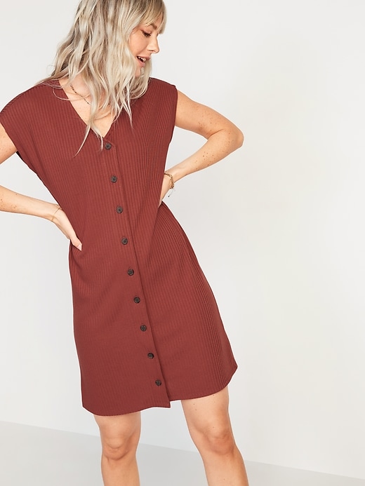 Image number 1 showing, Rib-Knit Button-Front Shift Dress for Women