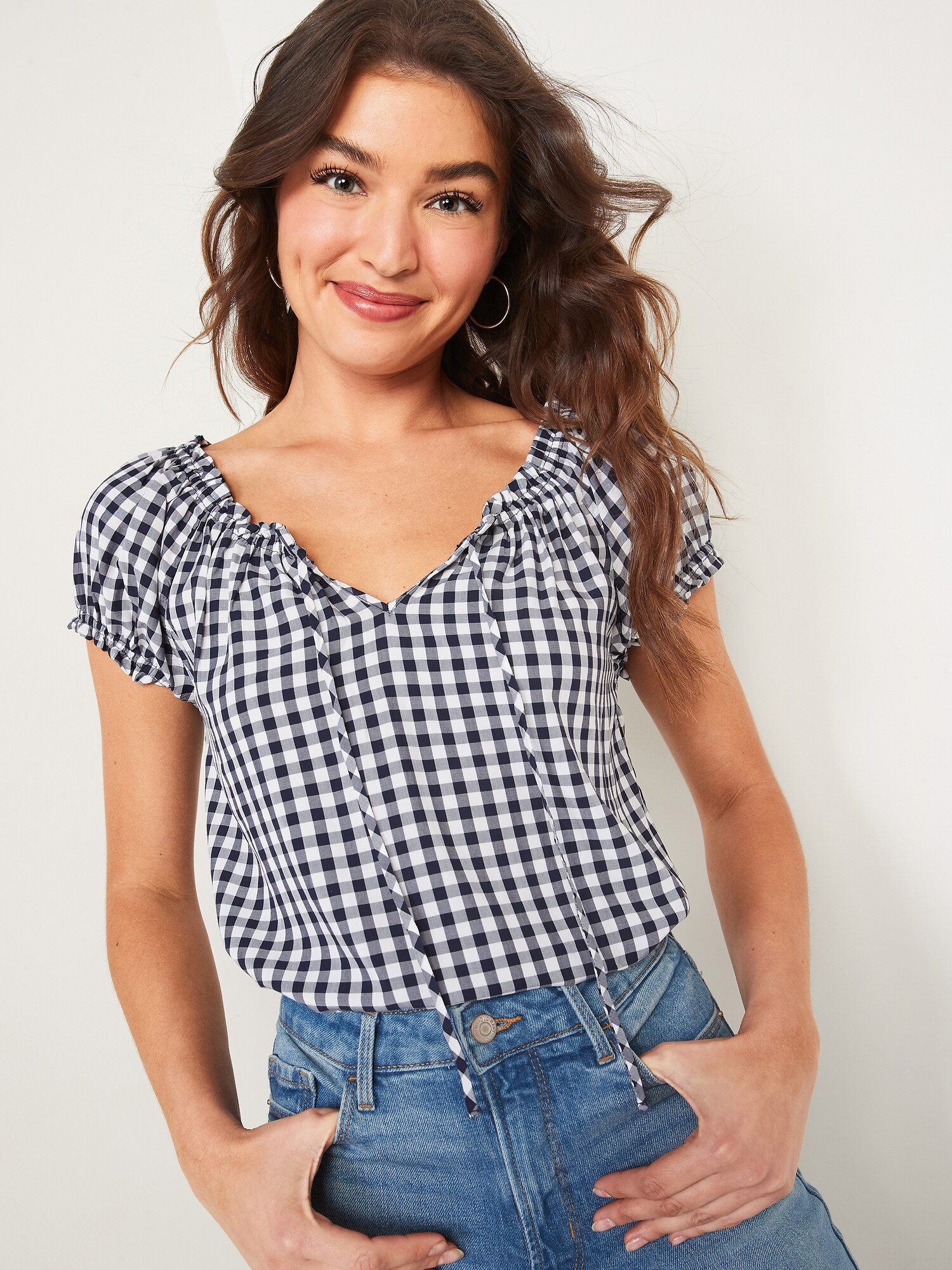 Ruffled Tie-Neck Gingham Blouse for Women | Old Navy