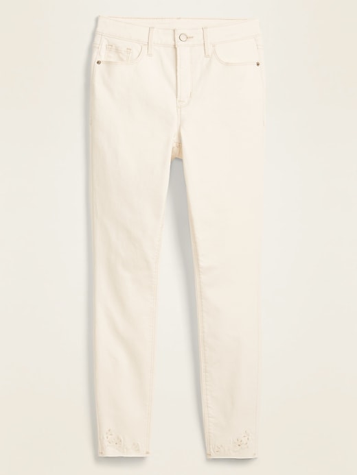 Image number 5 showing, High-Waisted Embroidered Cutwork Rockstar Super Skinny Off-White Ankle Jeans for Women