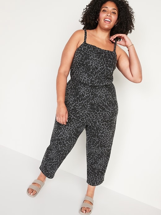 View large product image 1 of 1. Waist-Defined Cropped Slub-Knit Plus-Size Cami Jumpsuit