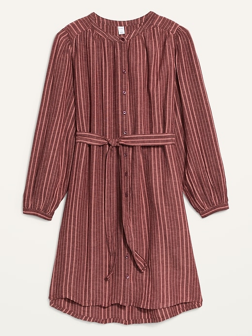 View large product image 2 of 2. Waist-Defined Textured Dobby-Stripe Tie-Belt Shirt Dress