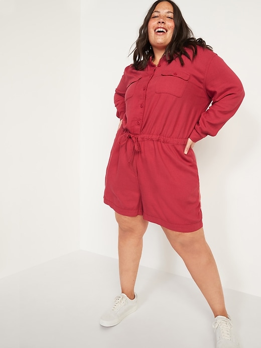 Image number 1 showing, Waist-Defined Long-Sleeve Twill Plus-Size Utility Romper -- 3.75-inch inseam