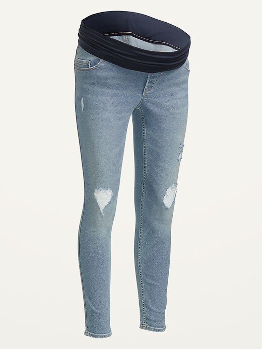 Image number 4 showing, Maternity Rollover-Waist Rockstar 360° Stretch Super Skinny Ripped Jeans