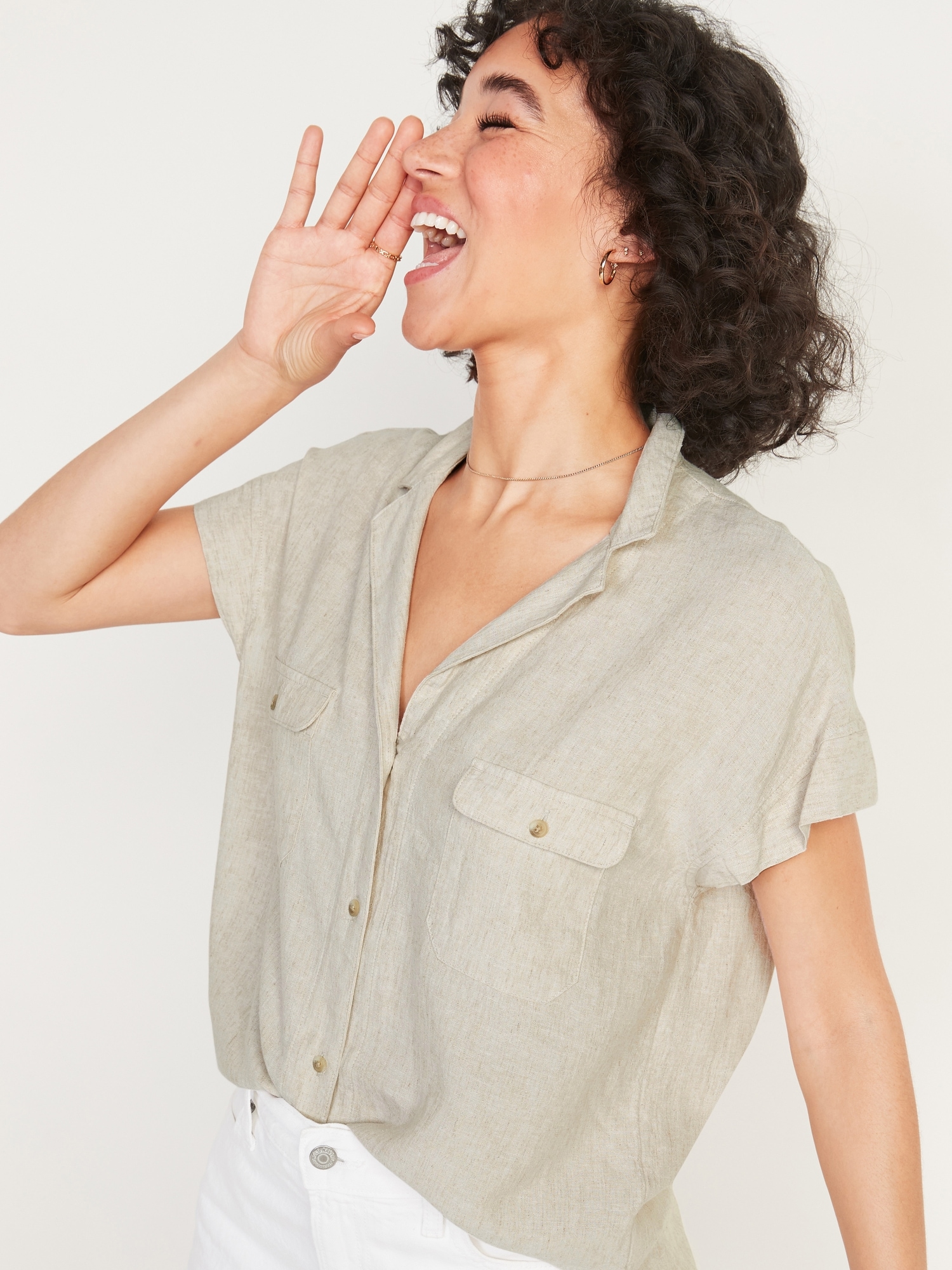 Linen-Blend Utility Short-Sleeve Shirt for Women