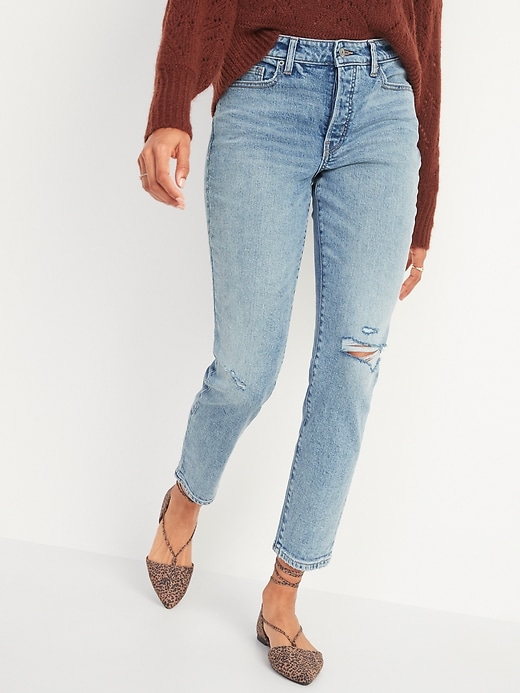 Image number 1 showing, High-Waisted O.G. Straight Button-Fly Ripped Jeans for Women