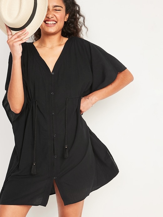 View large product image 1 of 2. Gauze Button-Front Caftan Swim Cover-Up