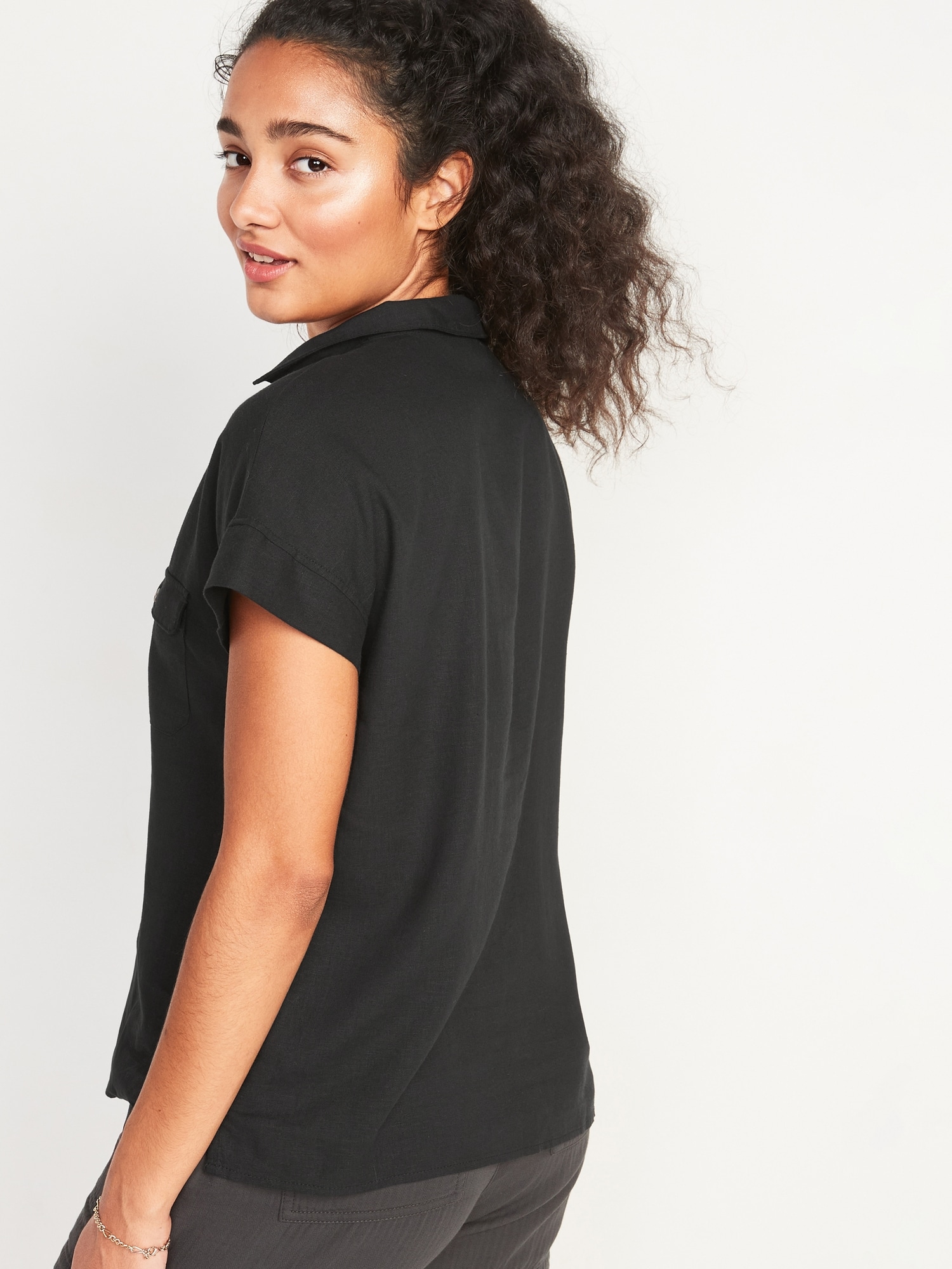 Linen-Blend Utility Short-Sleeve Shirt for Women | Old Navy