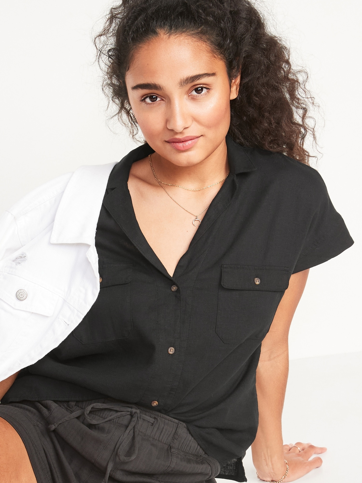 Linen-Blend Utility Short-Sleeve Shirt for Women | Old Navy